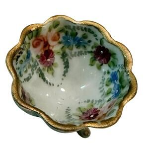 Mini Porcelain Bowl, 3-Footed • Hand-Painted Floral, Gold Gilded • Vintage Japan
